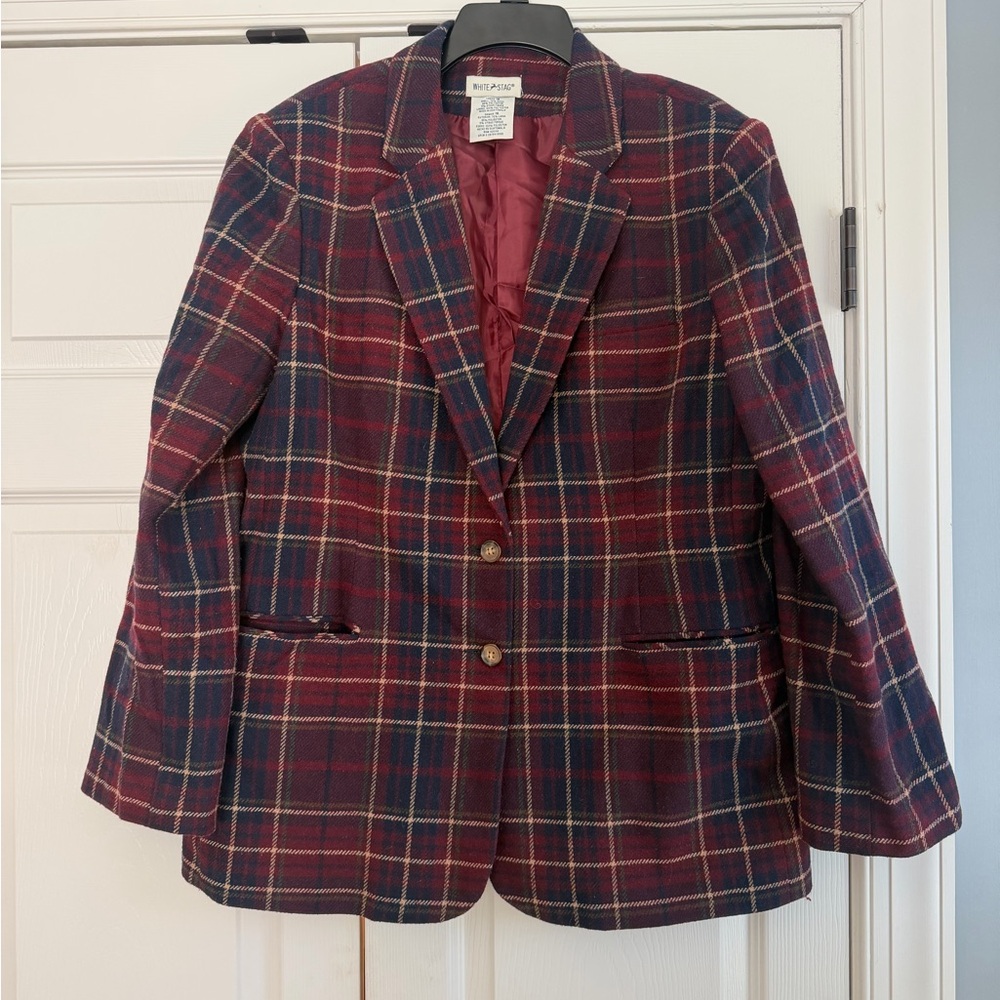 White Stag Burgundy and Navy Plaid Wool Blazer